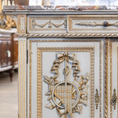 Louis XVI Sage Green Gilded Sideboard – Musical Ribbon Carvings & Breccia Marble Top