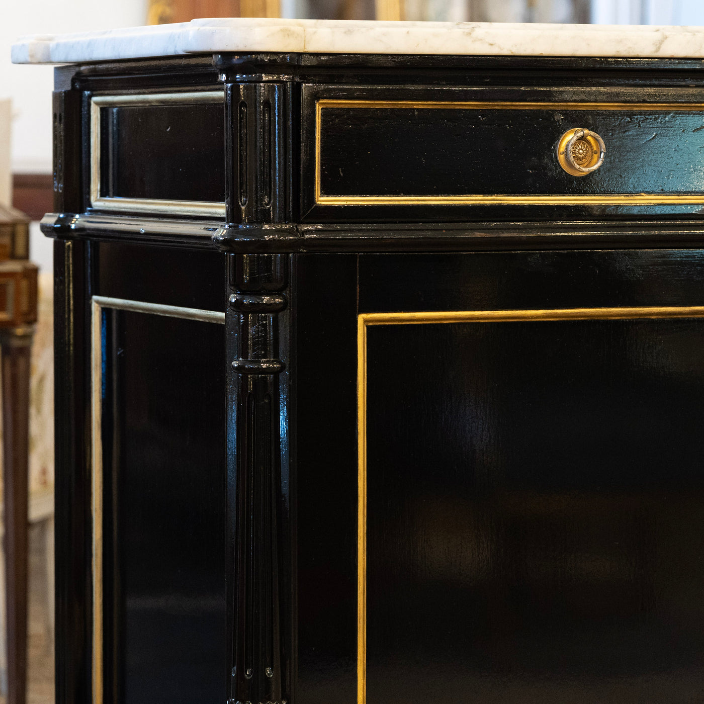 Louis XVI Black Lacquer Sideboard – Gold Inaly & White Marble Top