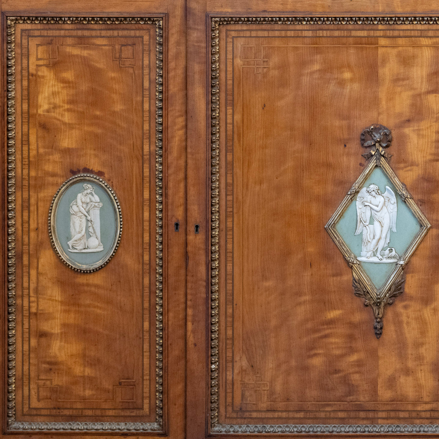 French Empire Demilune Sideboard – Neoclassical Medallions & Curved Mirror Shelves