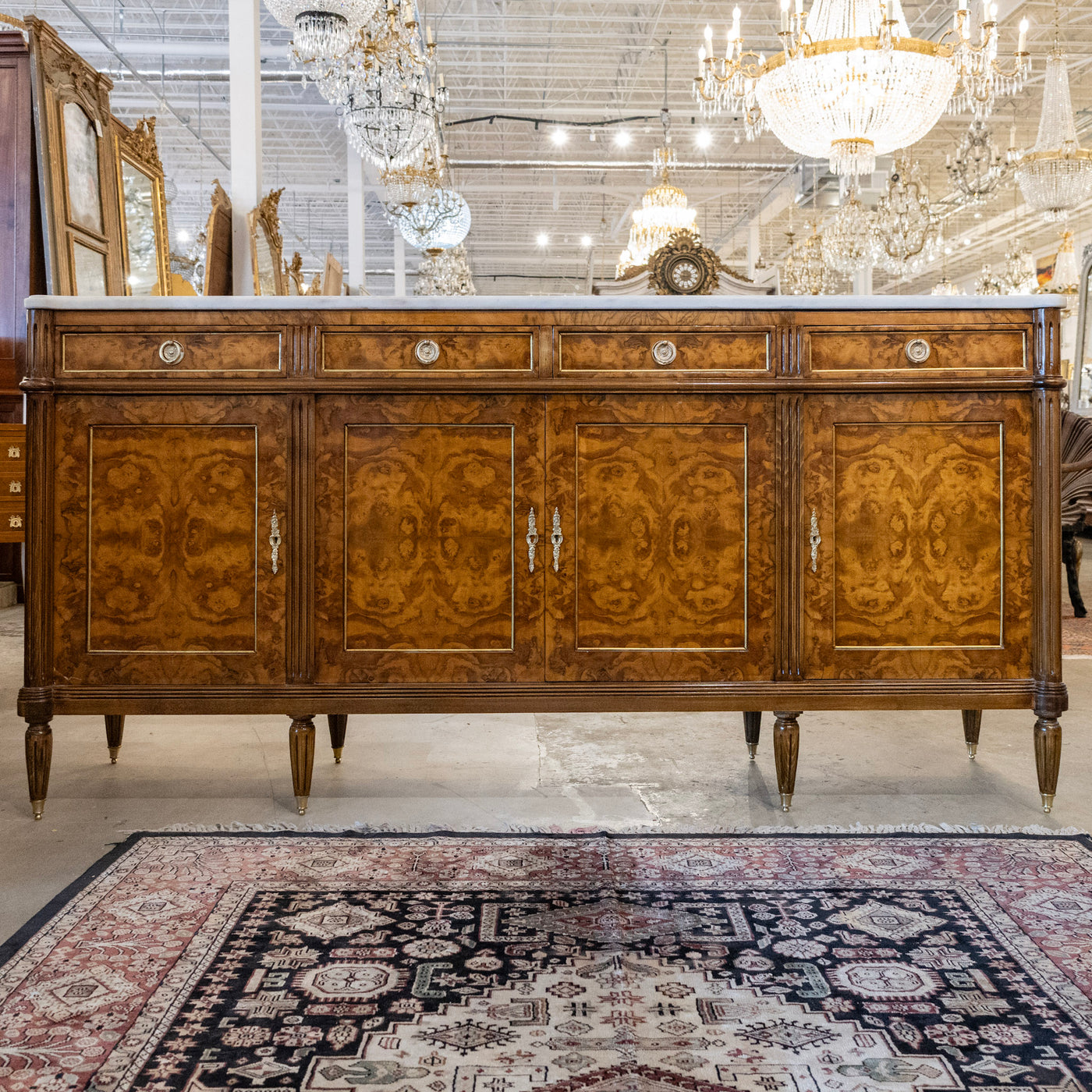 Louis XVI Burl Wood Sideboard with Brass Hardware & White Marble Top