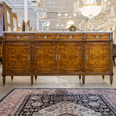 Louis XVI Burl Wood Sideboard with Brass Hardware & White Marble Top