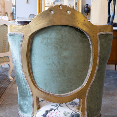 Louis XVI Gilded Bergère Chair – Chinoiserie Floral Linen & Green Velvet Upholstery
