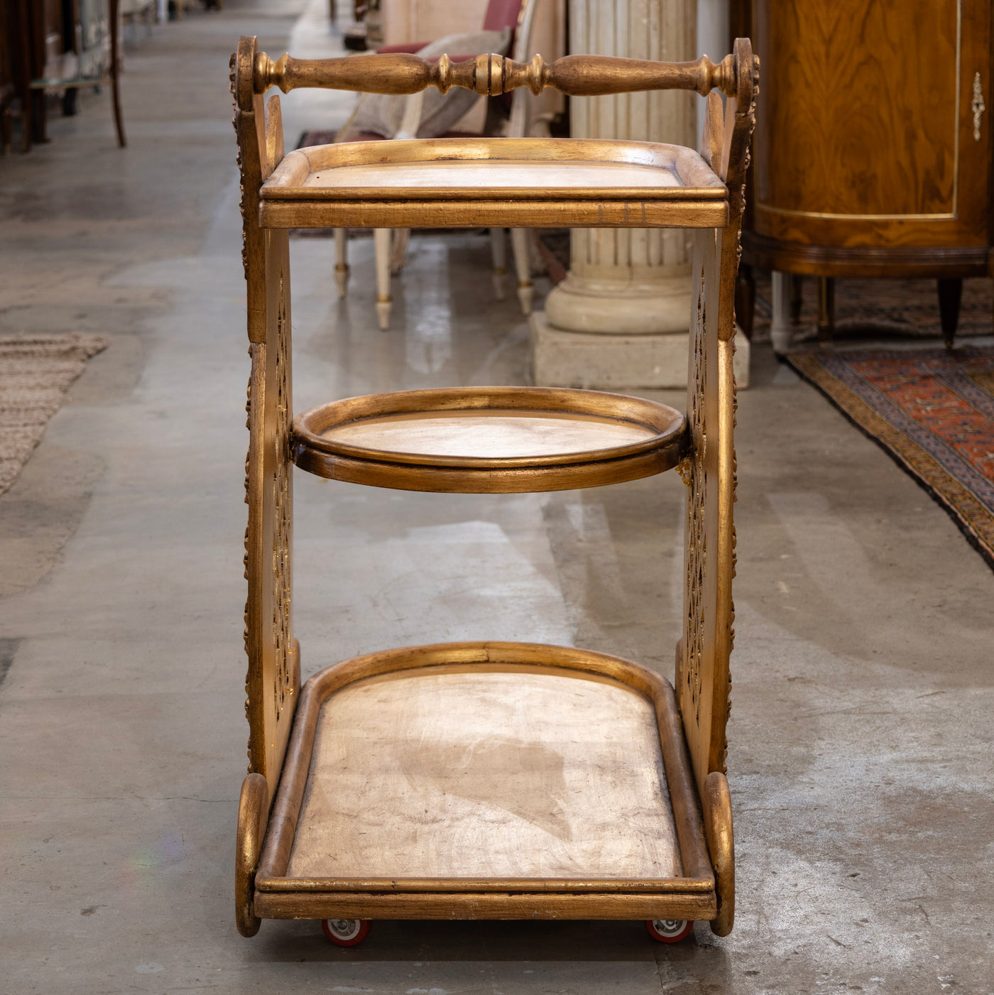 Gilded Italian Bar Cart – Carved Leaf Motifs & Lattice Paneling