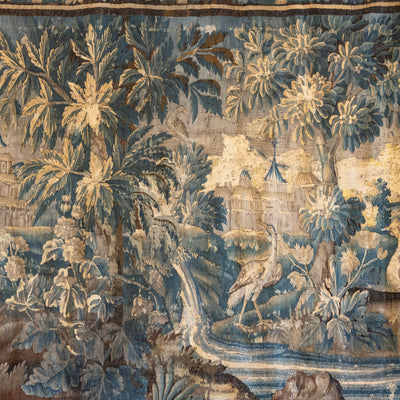 Antique French Flemish Tapestry – Handwoven Verdure Scene with Birds & Architecture
