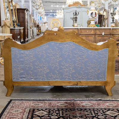 Italian Gilded Sofa – Carved Detailing & Pale Blue Silk-Weave Floral Upholstery