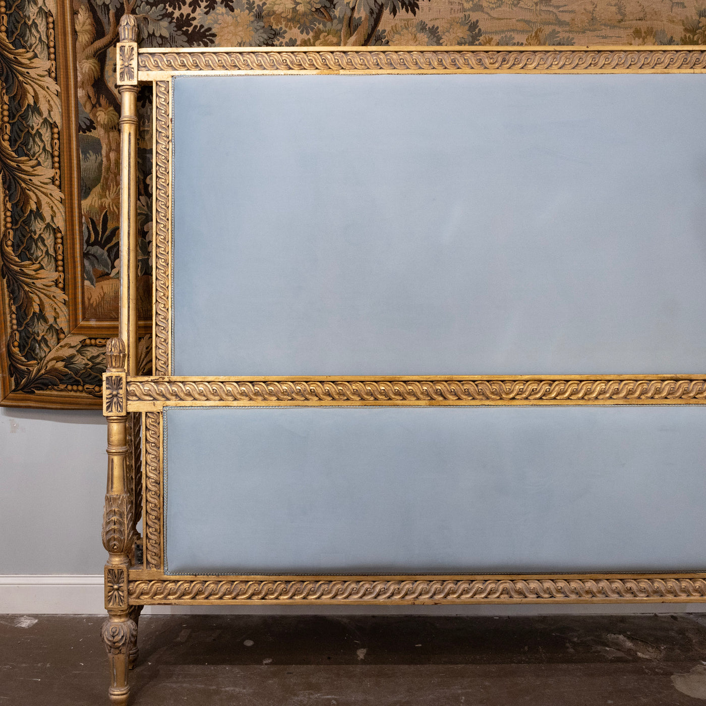 Louis XVI Gilded King Size Bed Set – Carved Frame & Posts with Powder Blue Velvet