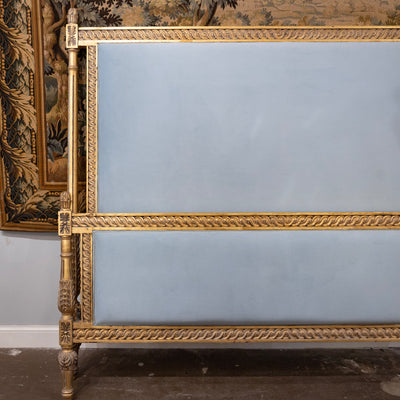 Louis XVI Gilded King Size Bed Set – Carved Frame & Posts with Powder Blue Velvet