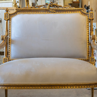 Louis XVI Gilded Loveseat Sofa – Two-Tone Carved Frame & Soft Grey Velvet Upholstery