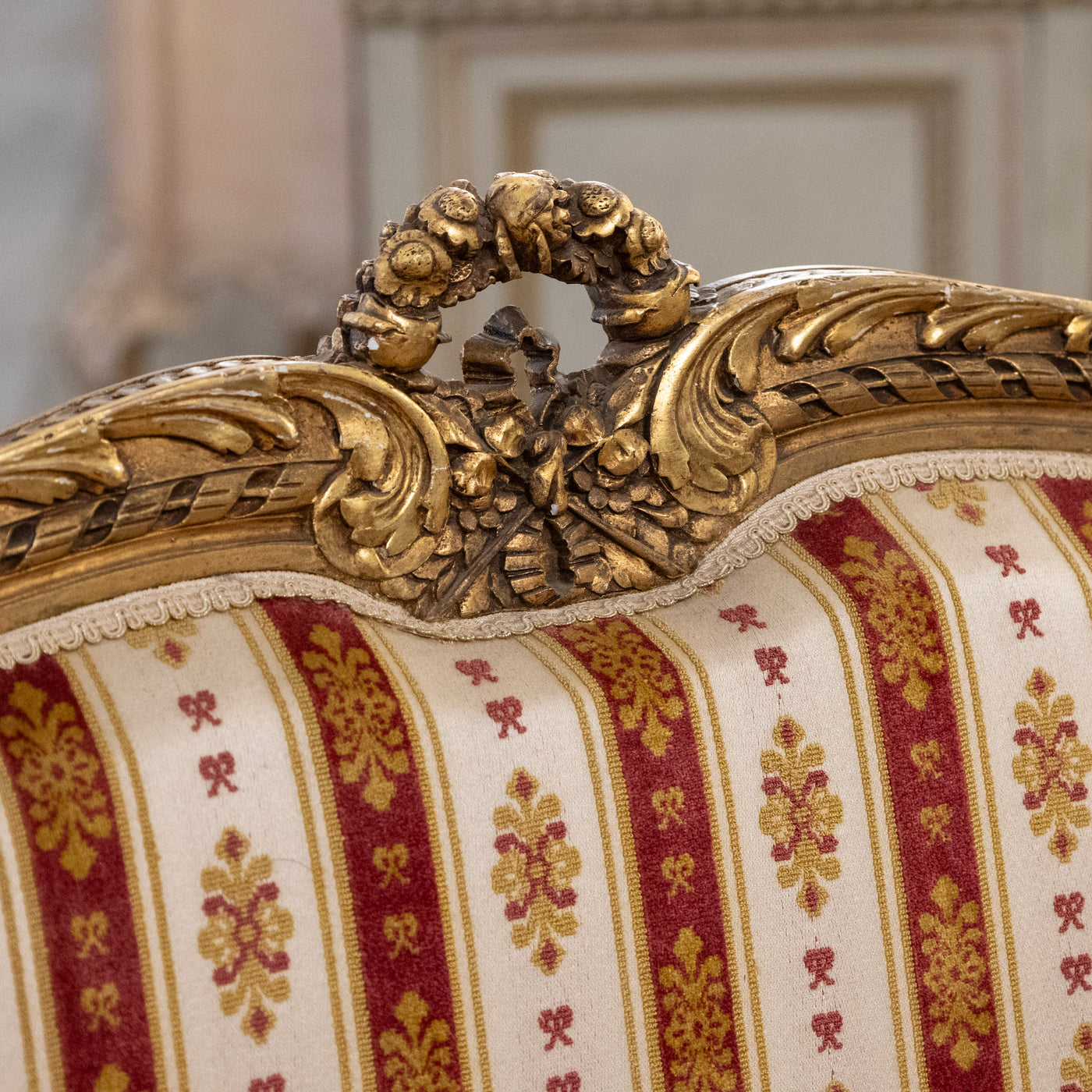 Louis XVI Carved Gilded Settee – Striped Damask Upholstery
