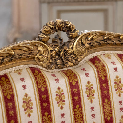 Louis XVI Carved Gilded Settee – Striped Damask Upholstery