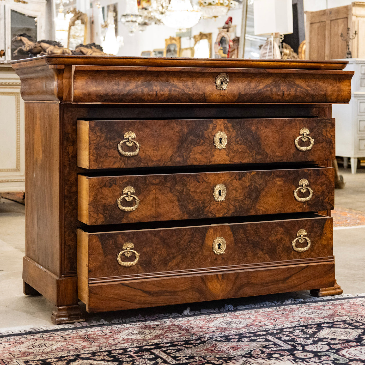 Louis Philippe Marbled Burl Wood Chest – Ornate Pulls