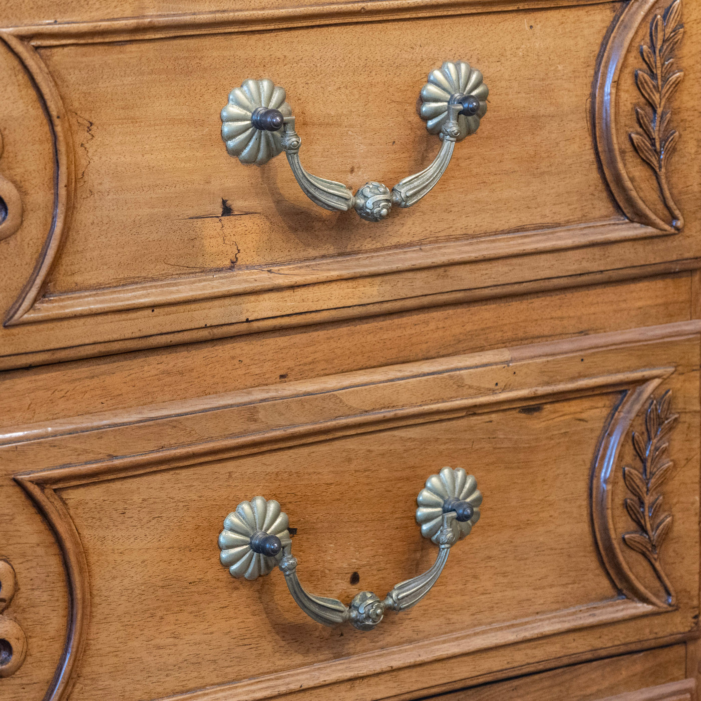 18th Century Wood Chest – Hand-Carved Details & Brass Rosette Pulls