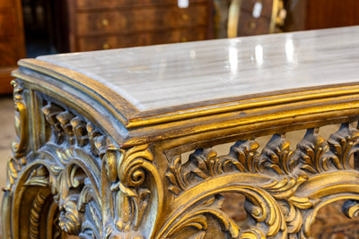 Louis XV Ornate Console Table – Detailed Gold Carvings & White Marble Top