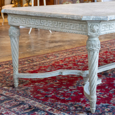 Grand European Neoclassical Hand-Carved Dining Table – Grey & White Faux Marble Finish