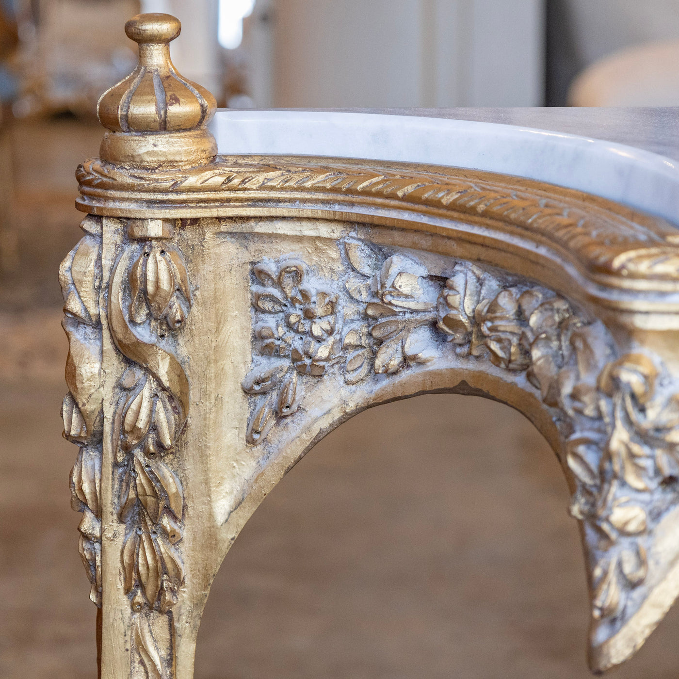 Louis XVI Ornate Gilded Console Table – Hand-Carved Florals & White Marble Top