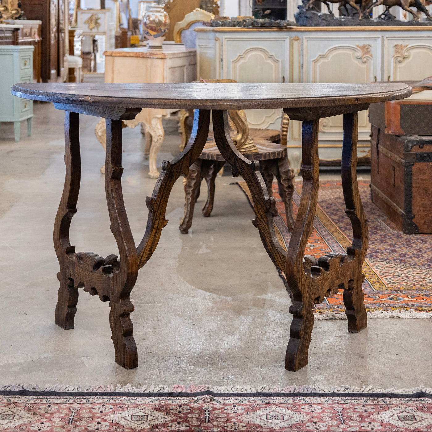 Italian Carved Sculptural Walnut Center Table – Formed By Pair of Demilune Consoles