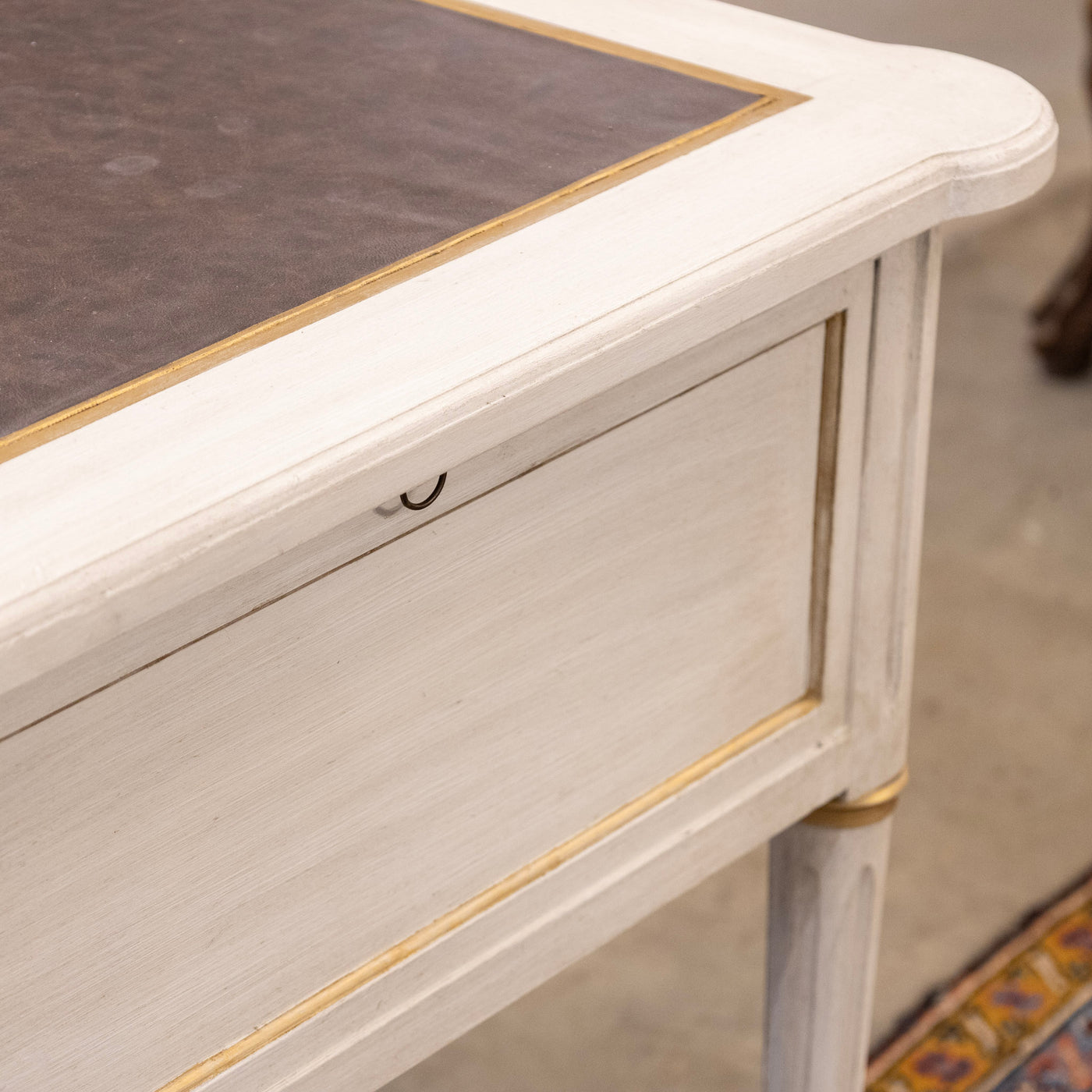 Louis XVI White Painted Desk with Gold Trim – Brown Leather Top & Slide-Out Panels
