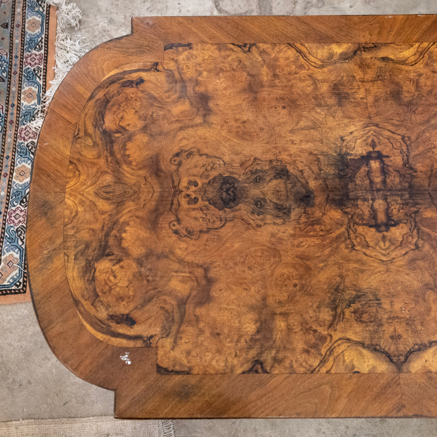 French Wood Center Table – Burl Wood Top & Carved Lion Legs on Casters