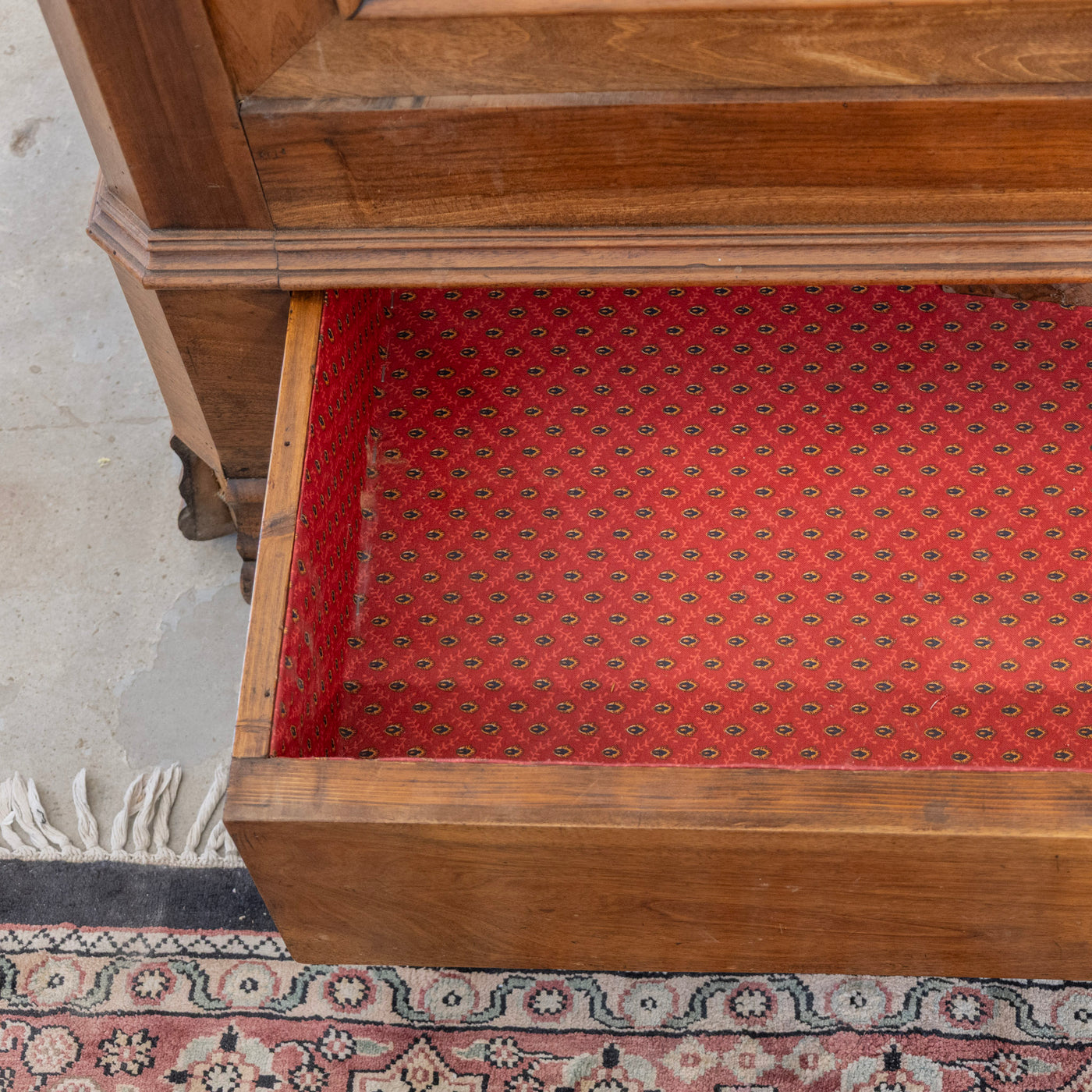 Louis Philippe Walnut Armoire – Original Red Fabric Interior with Shelves & Lower Drawer