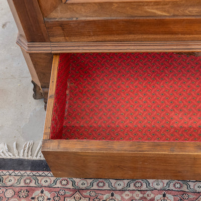Louis Philippe Walnut Armoire – Original Red Fabric Interior with Shelves & Lower Drawer