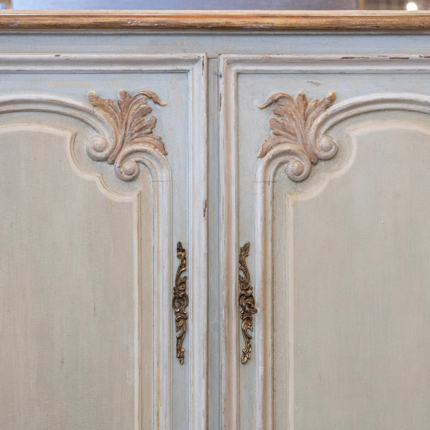 Louis XV Hand-Painted Sideboard – Distressed Finish Blue-Green & Gold Trim
