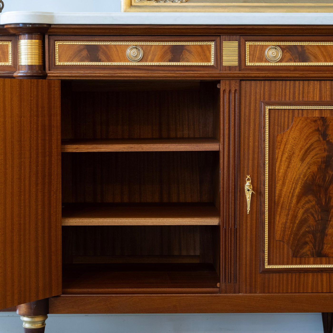 Louis XVI Burl Wood Demilune Sideboard – Gilded Bronze Accents & White Marble Top