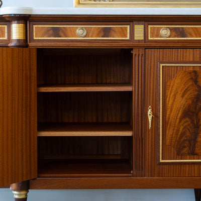 Louis XVI Burl Wood Demilune Sideboard – Gilded Bronze Accents & White Marble Top