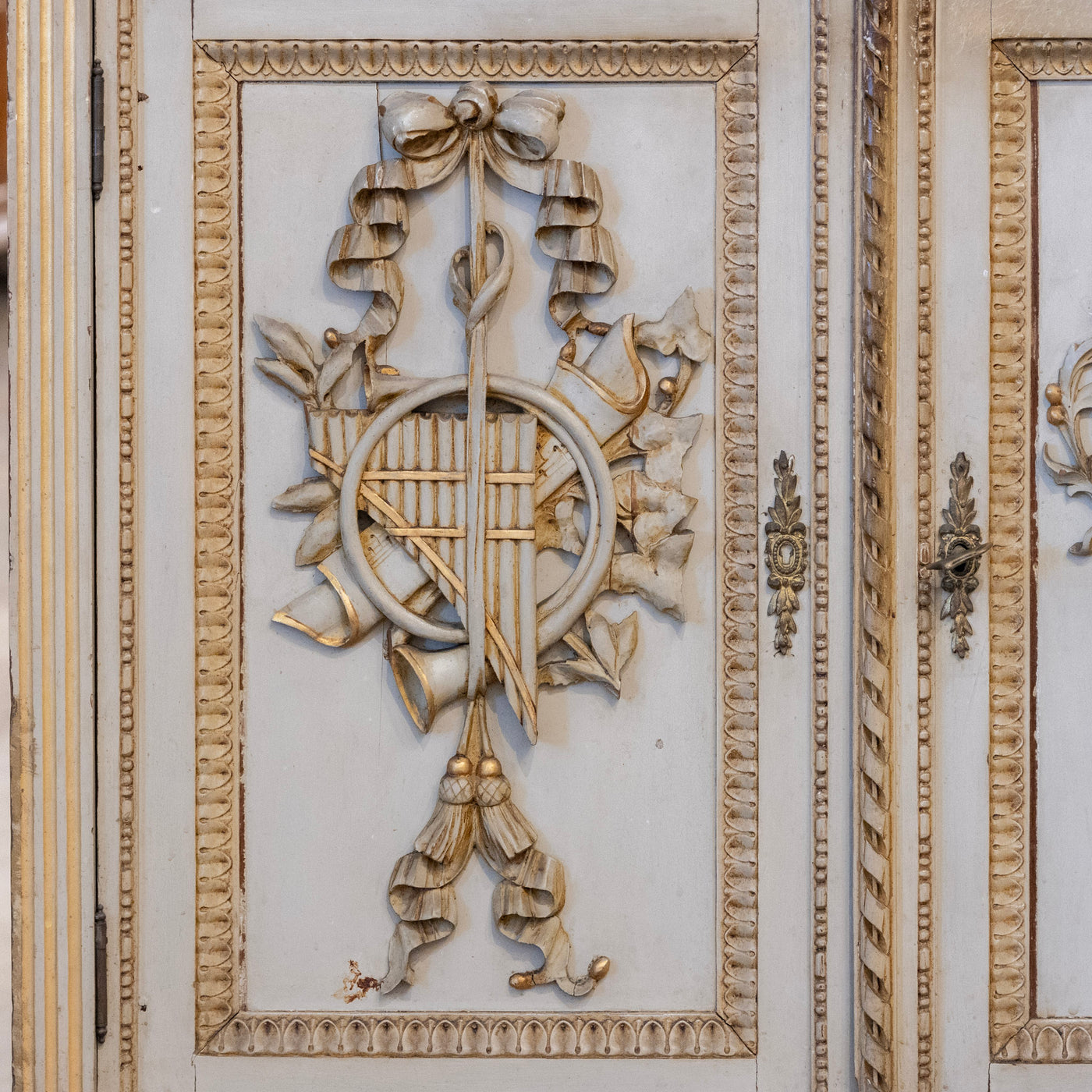 Louis XVI Sage Green Gilded Sideboard – Musical Ribbon Carvings & Breccia Marble Top