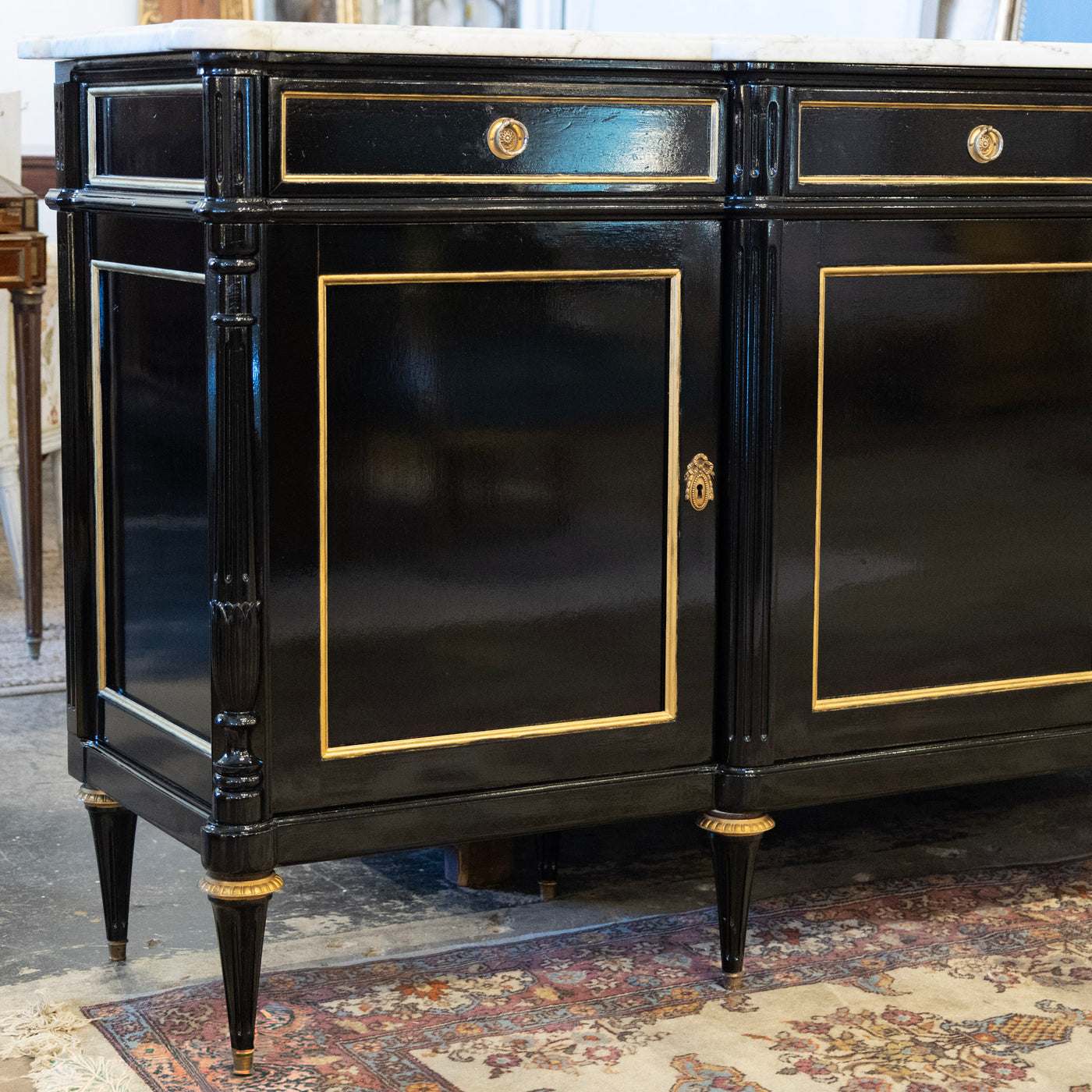 Louis XVI Black Lacquer Sideboard – Gold Inaly & White Marble Top