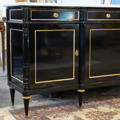 Louis XVI Black Lacquer Sideboard – Gold Inaly & White Marble Top
