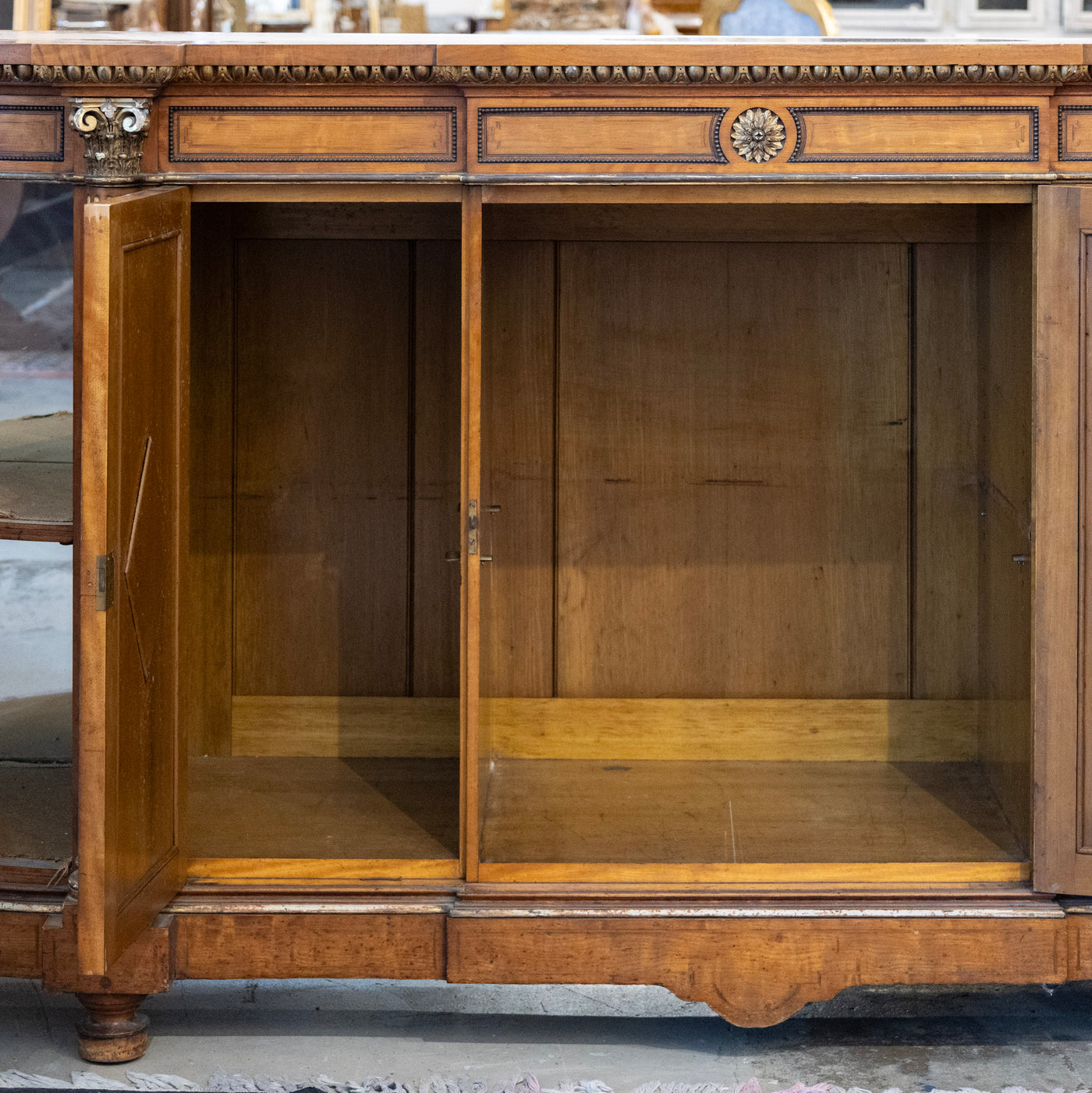 French Empire Demilune Sideboard – Neoclassical Medallions & Curved Mirror Shelves