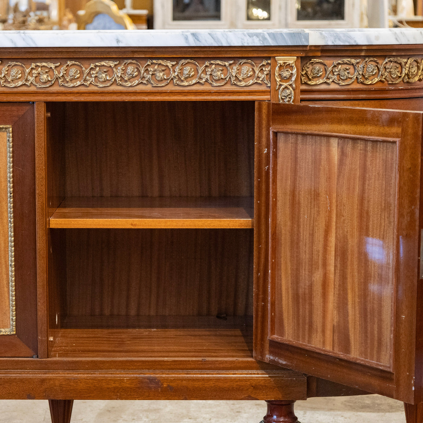 Louis XVI Mahogany Demilune Sideboard – Bronze Laurel Trim & White Marble Top