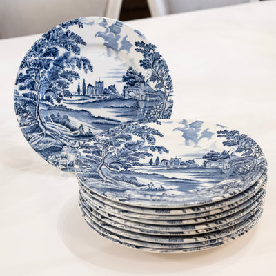 Luneville Hand-Painted Blue Porcelain Dinner Service – 41-Piece French “English Style” Countryside Set (c. 1930s–1950s)