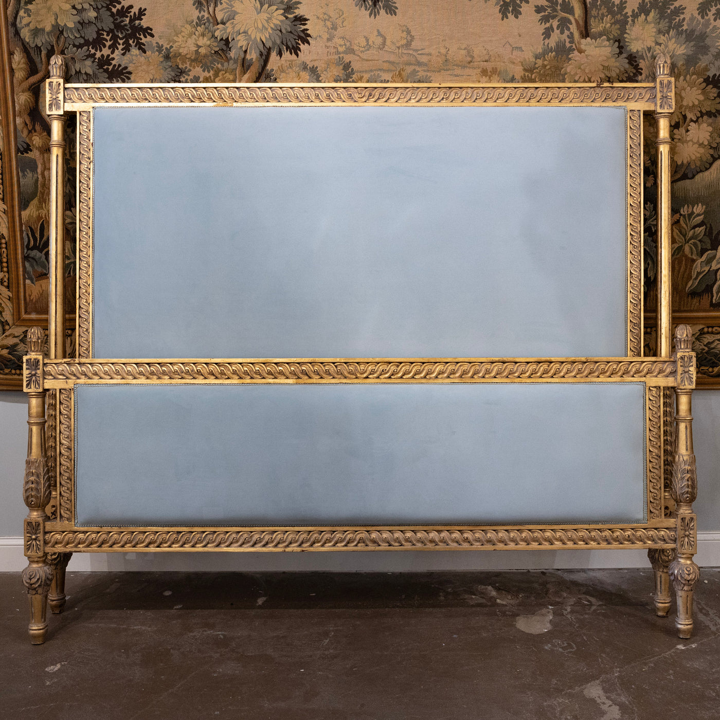 Louis XVI Gilded King Size Bed Set – Carved Frame & Posts with Powder Blue Velvet