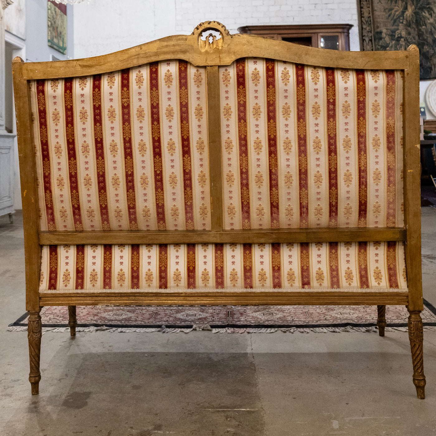 Louis XVI Carved Gilded Settee – Striped Damask Upholstery