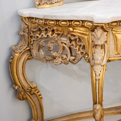 Gilded Rococo Mirror & Console – Ornate Hand-Carved Scrollwork & White Marble Top