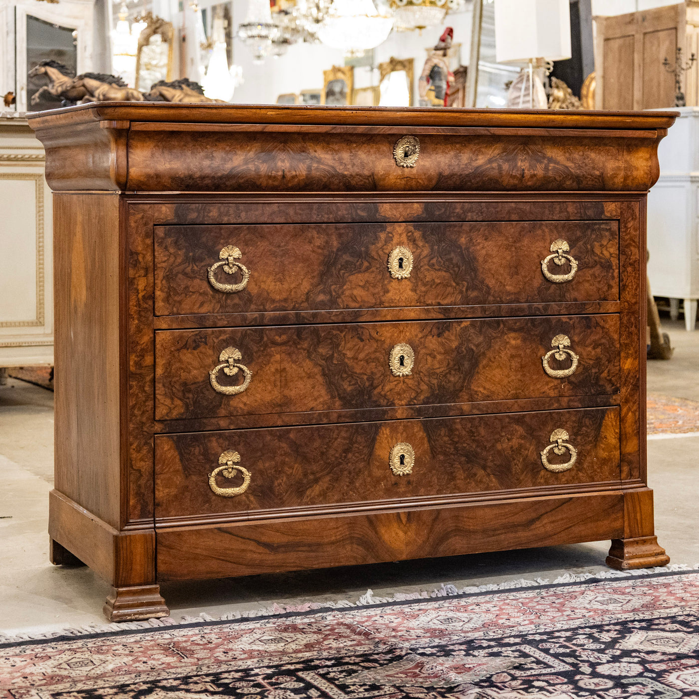 Louis Philippe Marbled Burl Wood Chest – Ornate Pulls