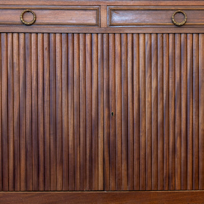 Louis XVI Demilune Sideboard – Reeded Front & White Marble Top with Sliding Side Doors
