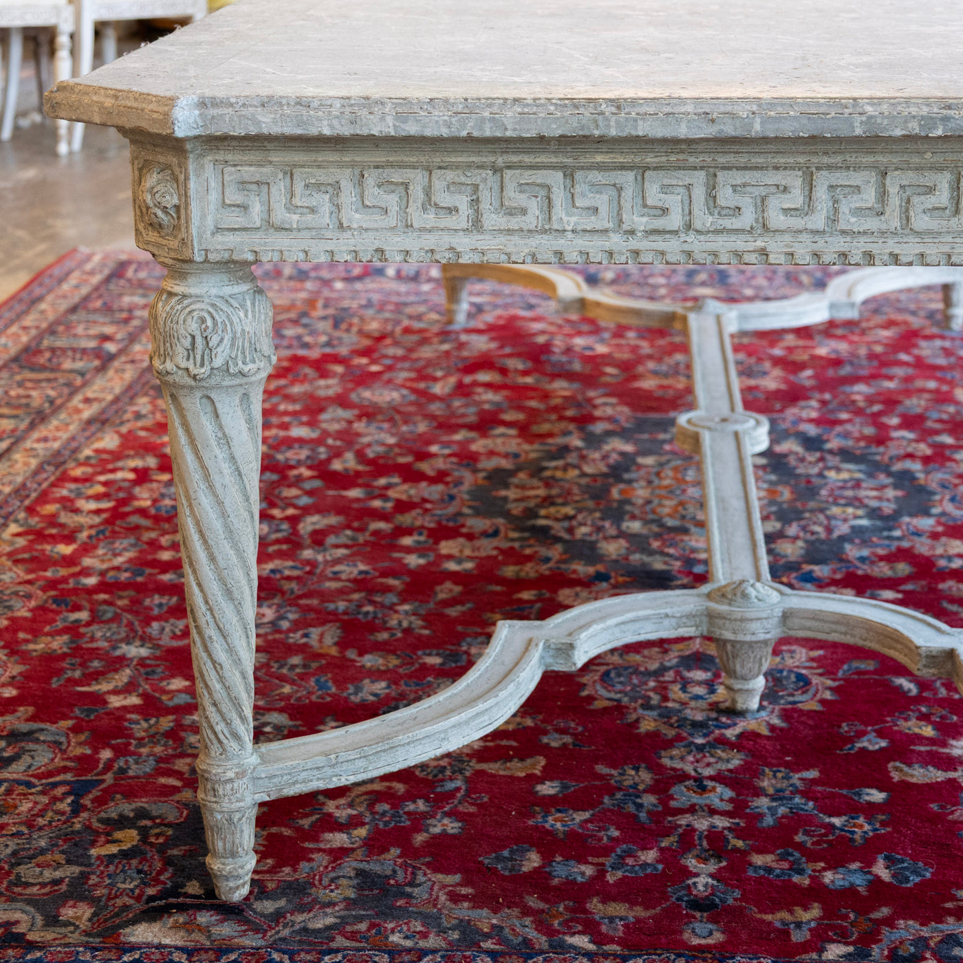 Grand European Neoclassical Hand-Carved Dining Table – Grey & White Faux Marble Finish
