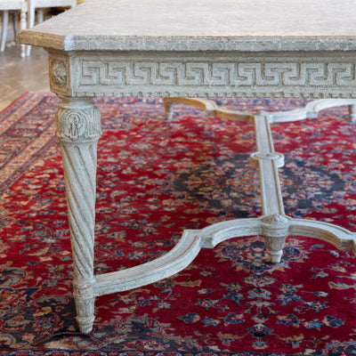 Grand European Neoclassical Hand-Carved Dining Table – Grey & White Faux Marble Finish