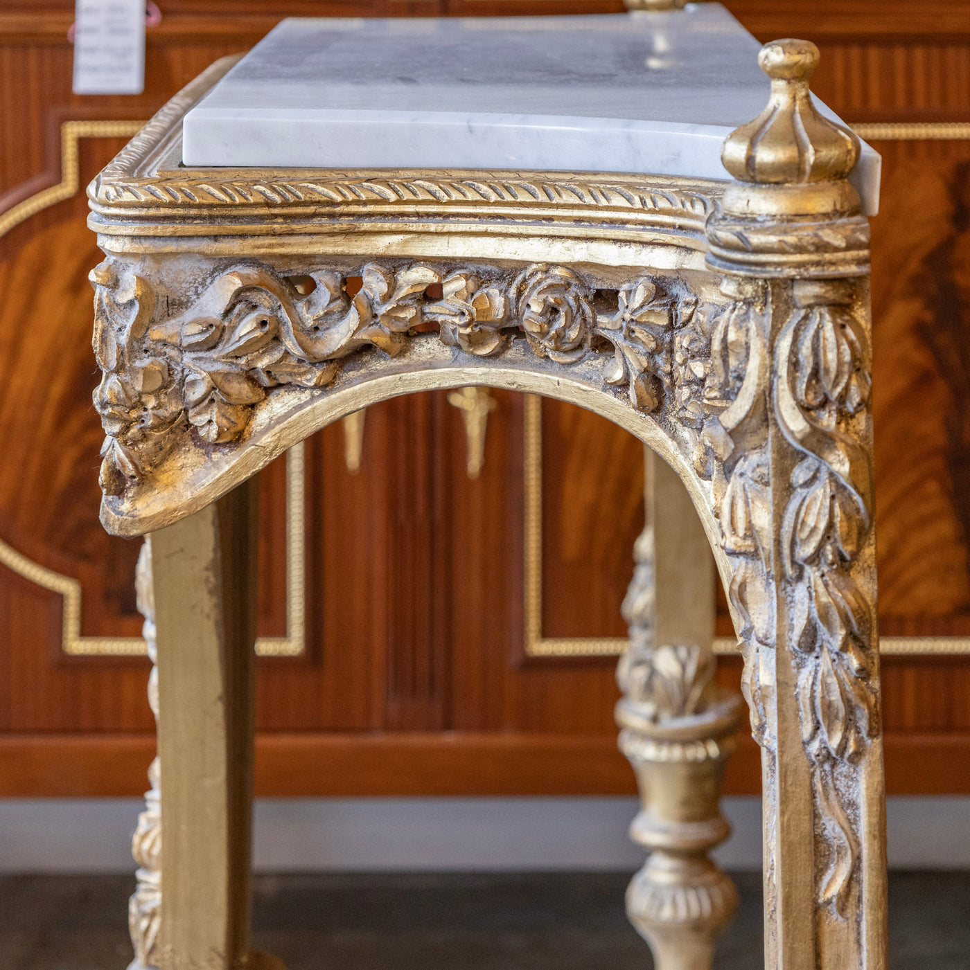 Louis XVI Ornate Gilded Console Table – Hand-Carved Florals & White Marble Top