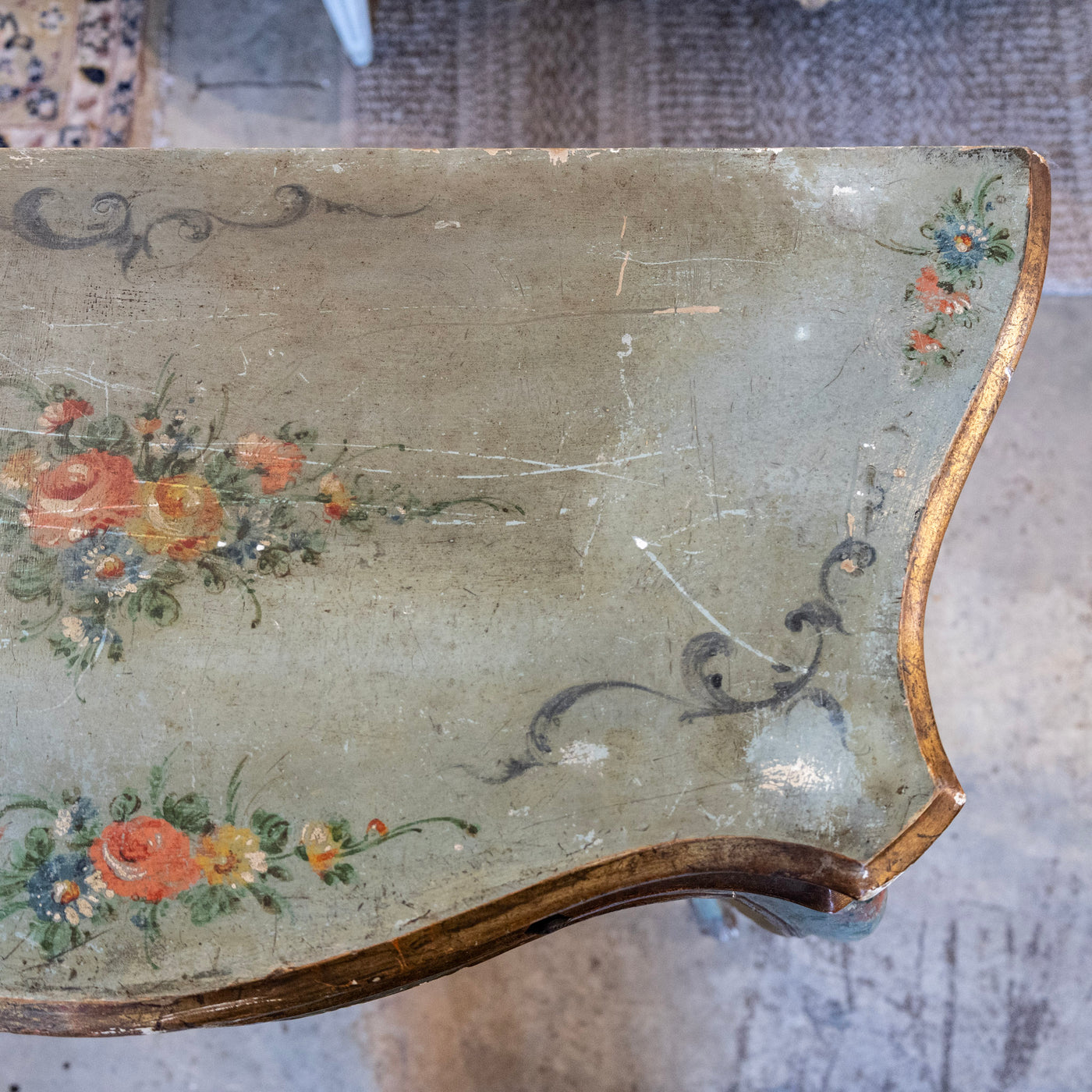 Italian Painted Console Table – Green with Floral Motifs & Gilded Accents