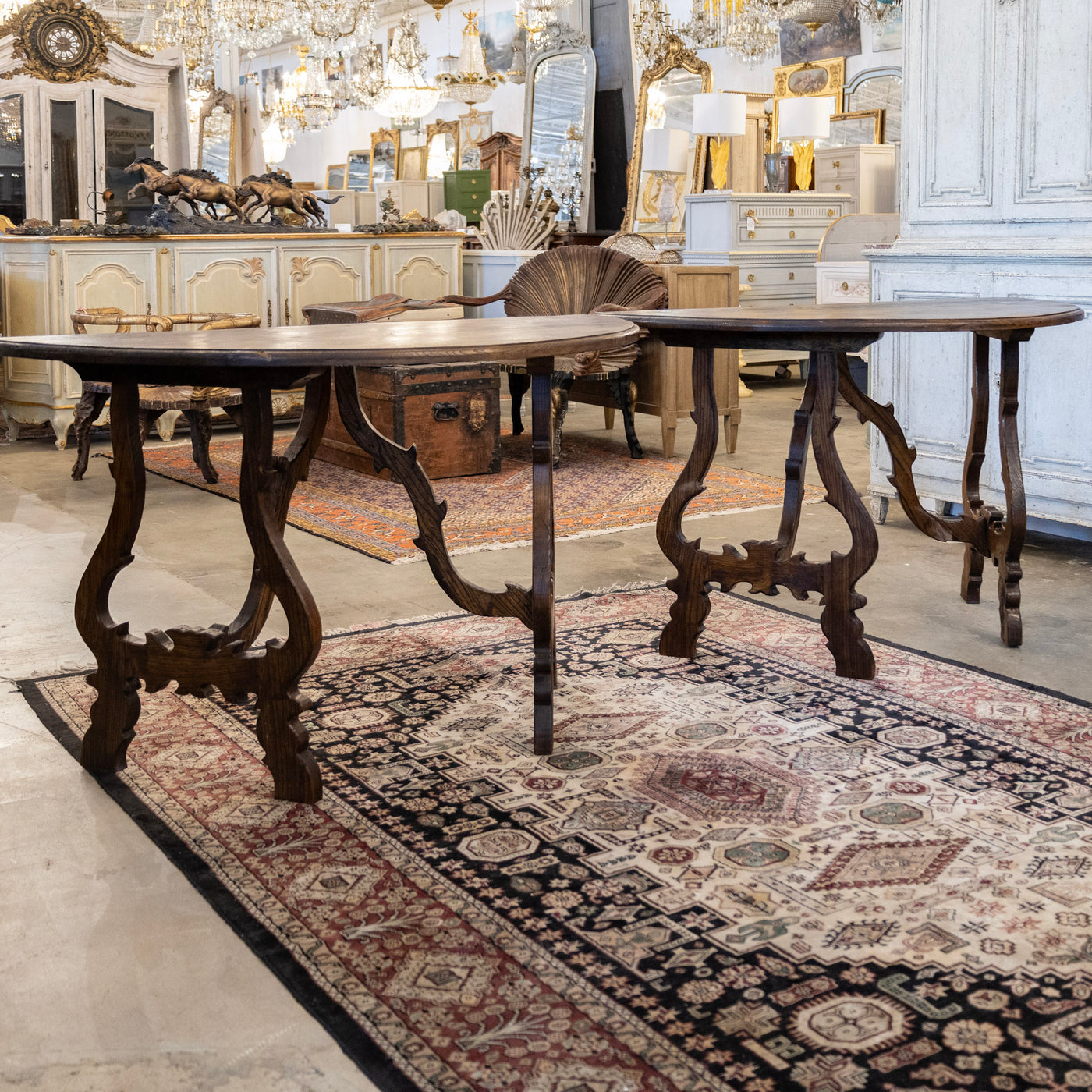 Italian Carved Sculptural Walnut Center Table – Formed By Pair of Demilune Consoles