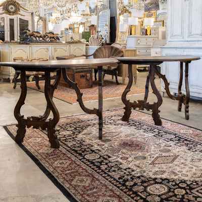 Italian Carved Sculptural Walnut Center Table – Formed By Pair of Demilune Consoles