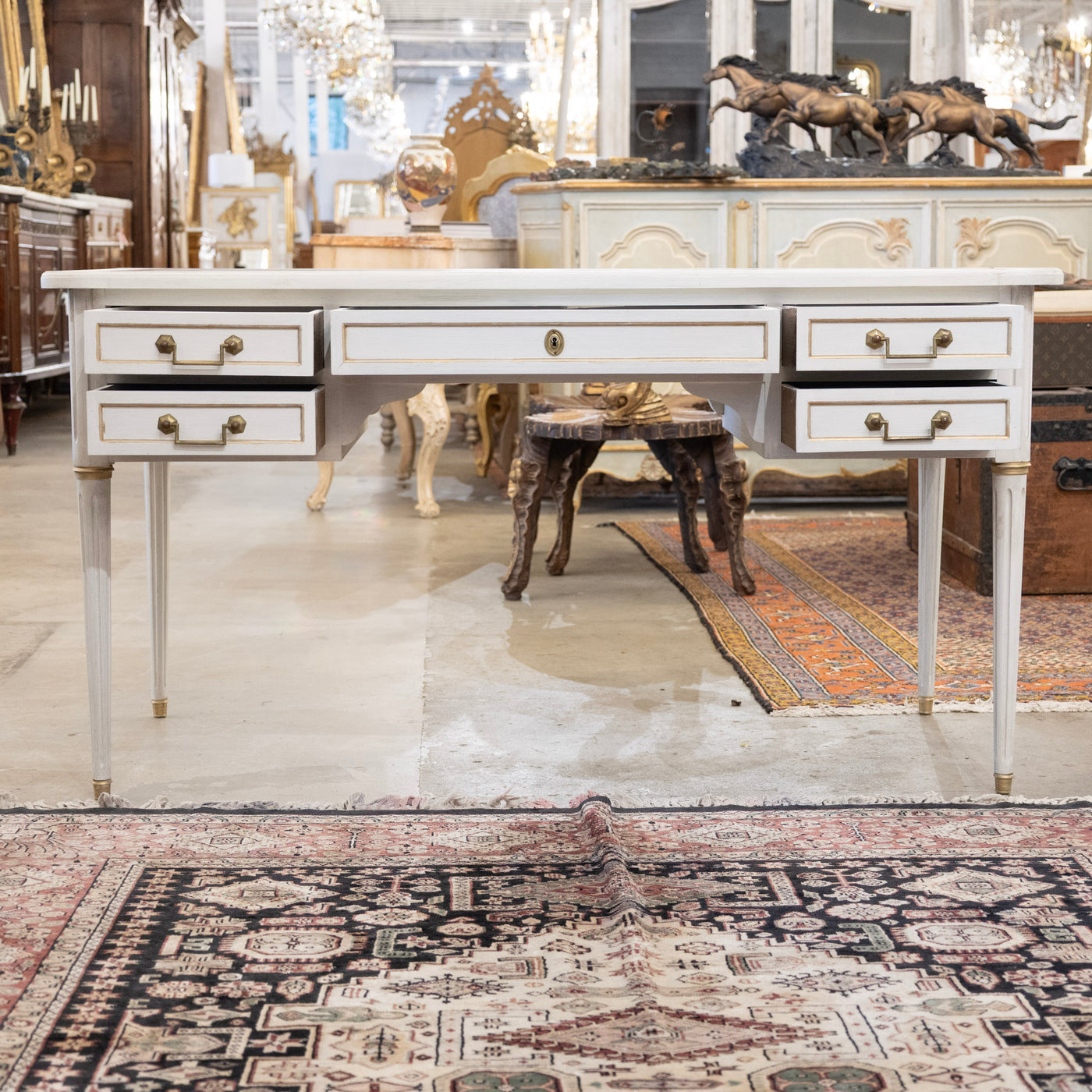 Louis XVI White Painted Desk with Gold Trim – Brown Leather Top & Slide-Out Panels