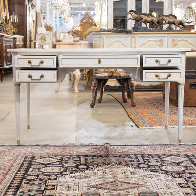 Louis XVI White Painted Desk with Gold Trim – Brown Leather Top & Slide-Out Panels