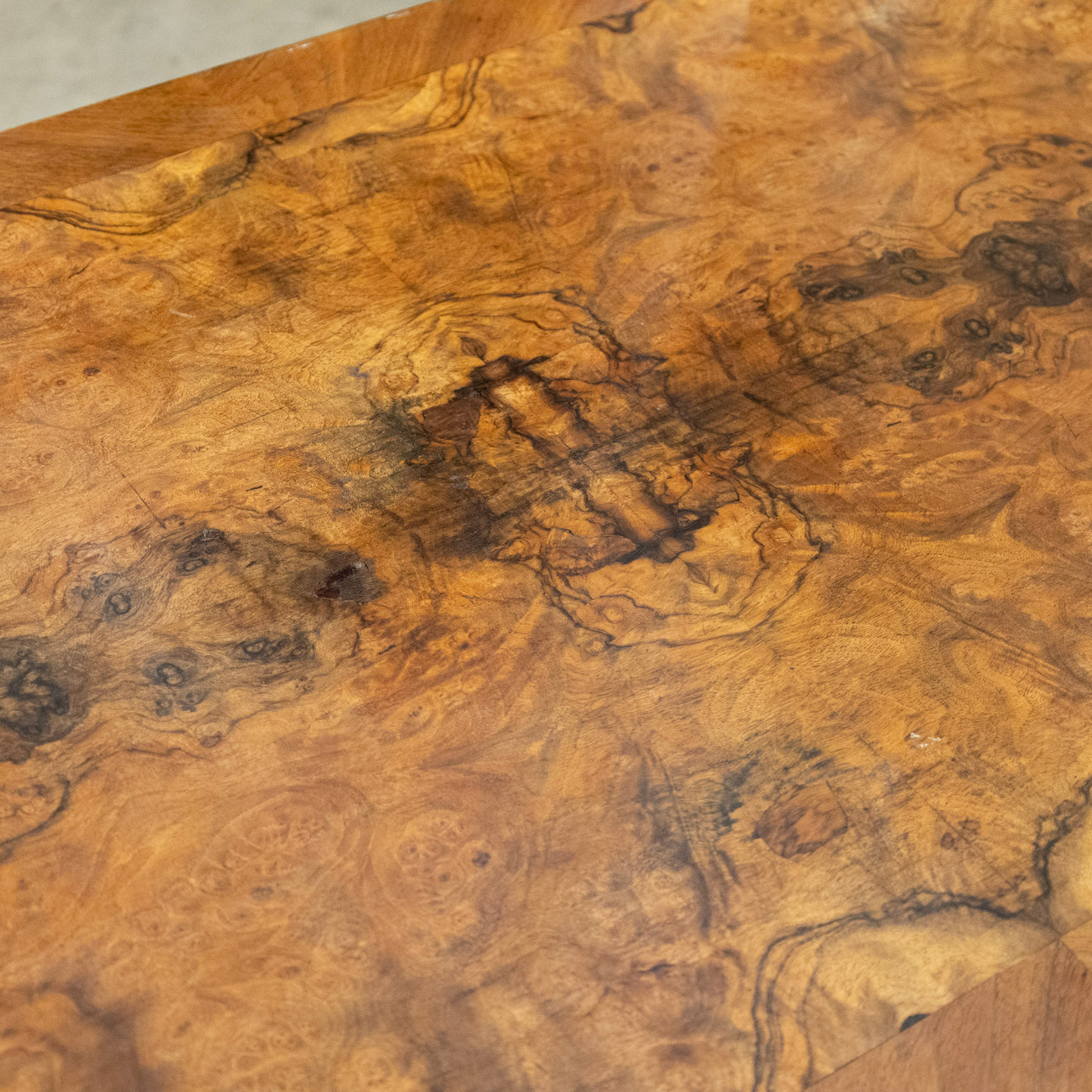 French Wood Center Table – Burl Wood Top & Carved Lion Legs on Casters