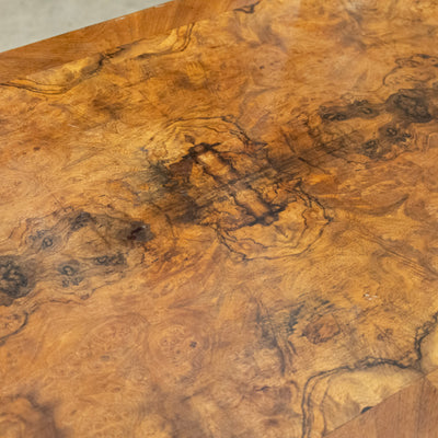 French Wood Center Table – Burl Wood Top & Carved Lion Legs on Casters