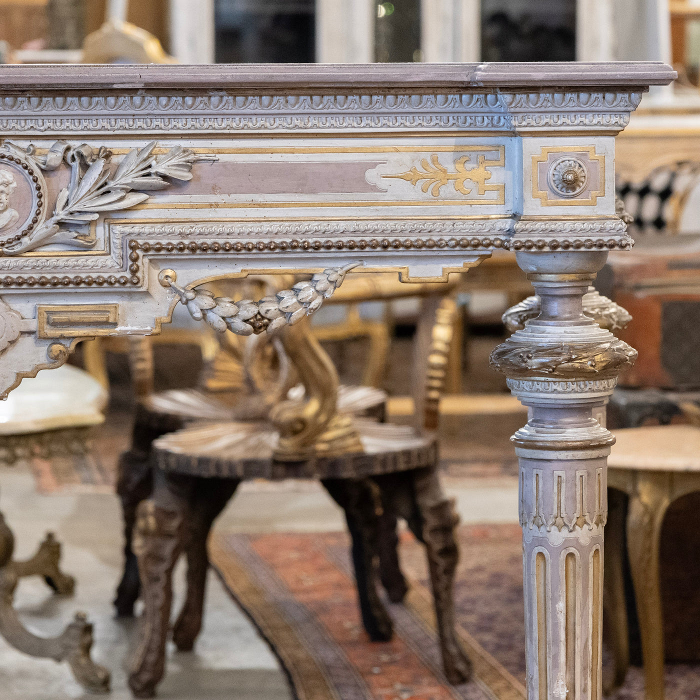 Louis XVI Painted Console Table – Carved & Medallion Details