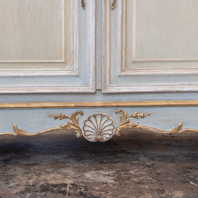 Louis XV Hand-Painted Sideboard – Distressed Finish Blue-Green & Gold Trim